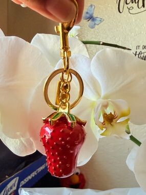Gold Strawberry Charm Keychain - Red & Green